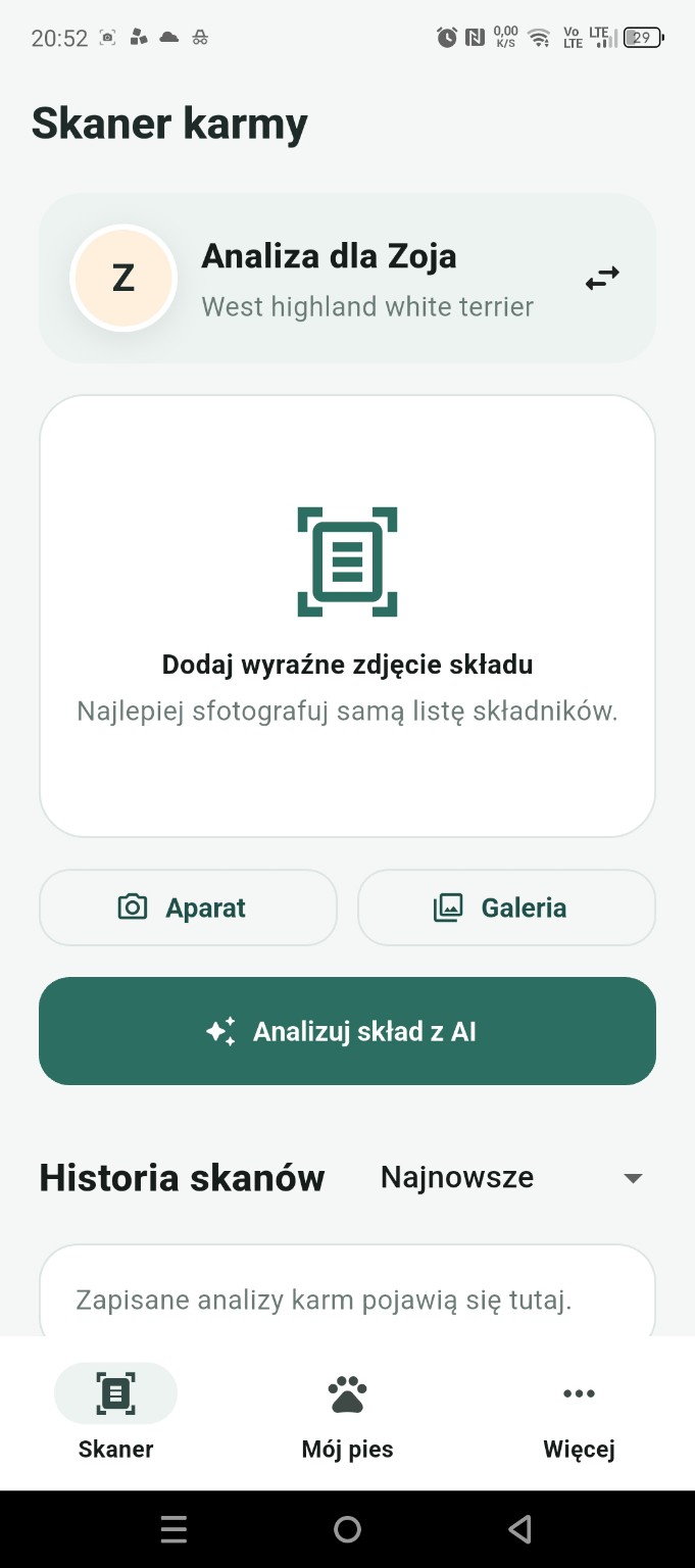 Dog Food Scanner — ekran aplikacji